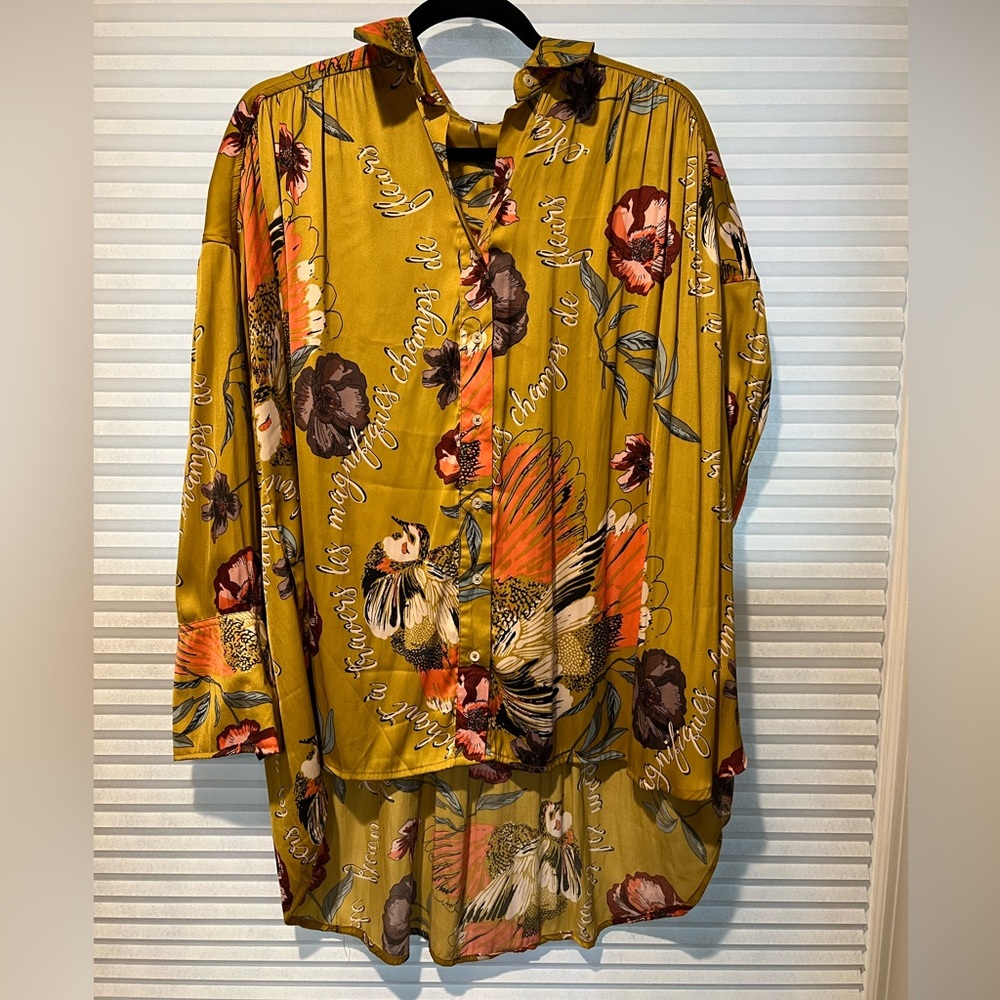 Free PEOPLE silky Blouse mustard floral button down